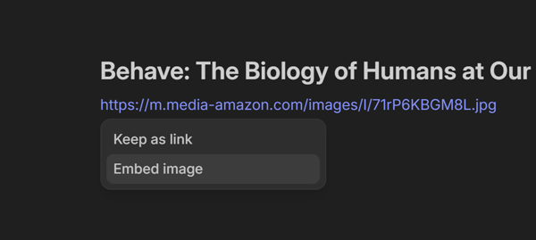 Nover app showing embed image menu