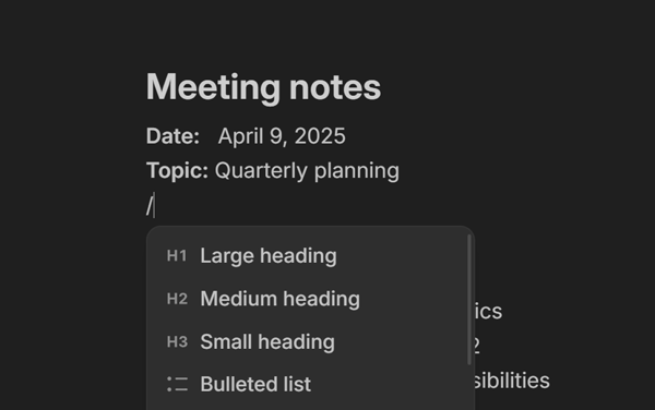 Nover app showing slash menu